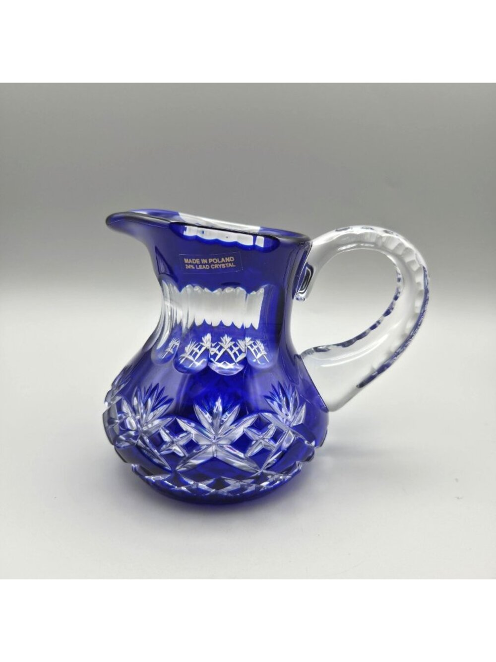 Vtg Cobalt Blue Cut to Clear Lead Crystal Pitcher Creamer Essex Pattern Poland